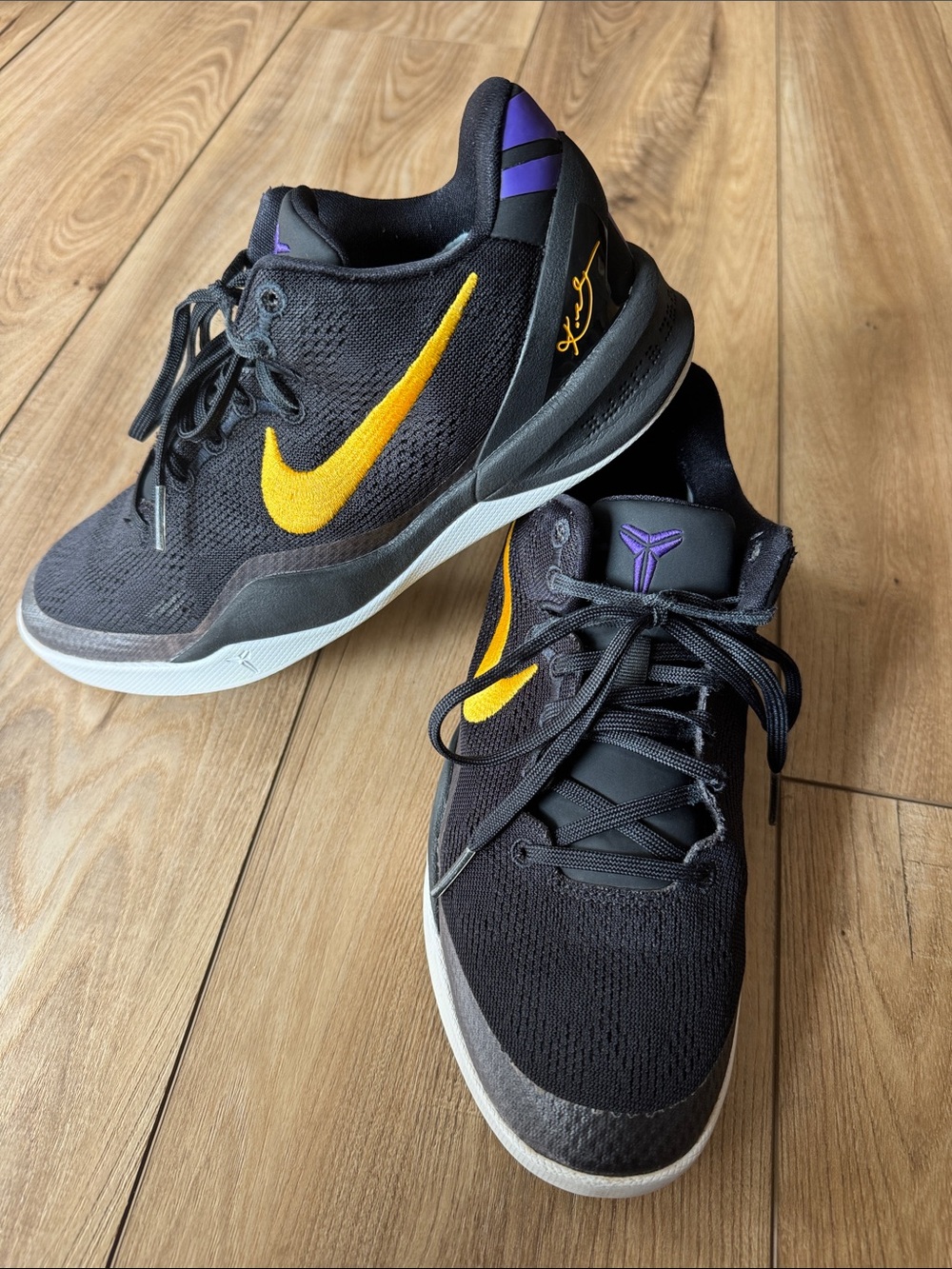 Nike Kobe 8 Black Low-Top Sneakers with Yellow Swoosh and Purple Accents